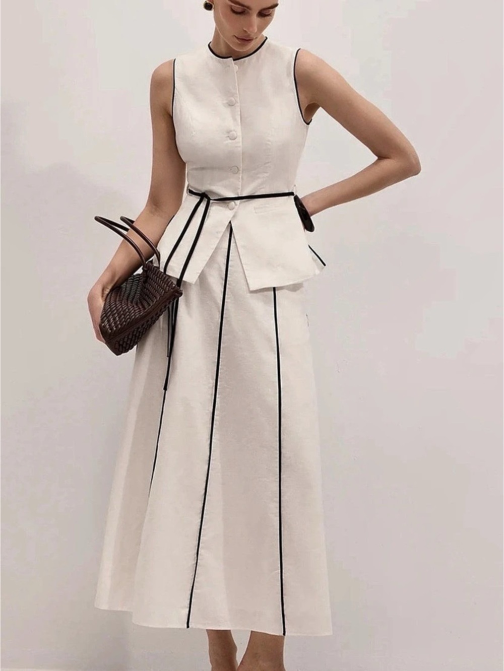 Commense Semi-Sheer Cotton Linen Contrast Piping Top Maxi Skirt Set - XL
